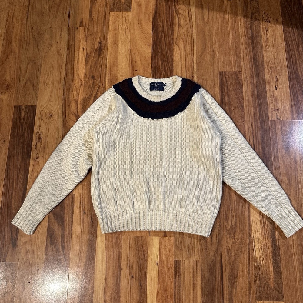 VTG Polo Ralph Lauren Men's Medium Cricket Sweater Wool Hand Knit Collegiate